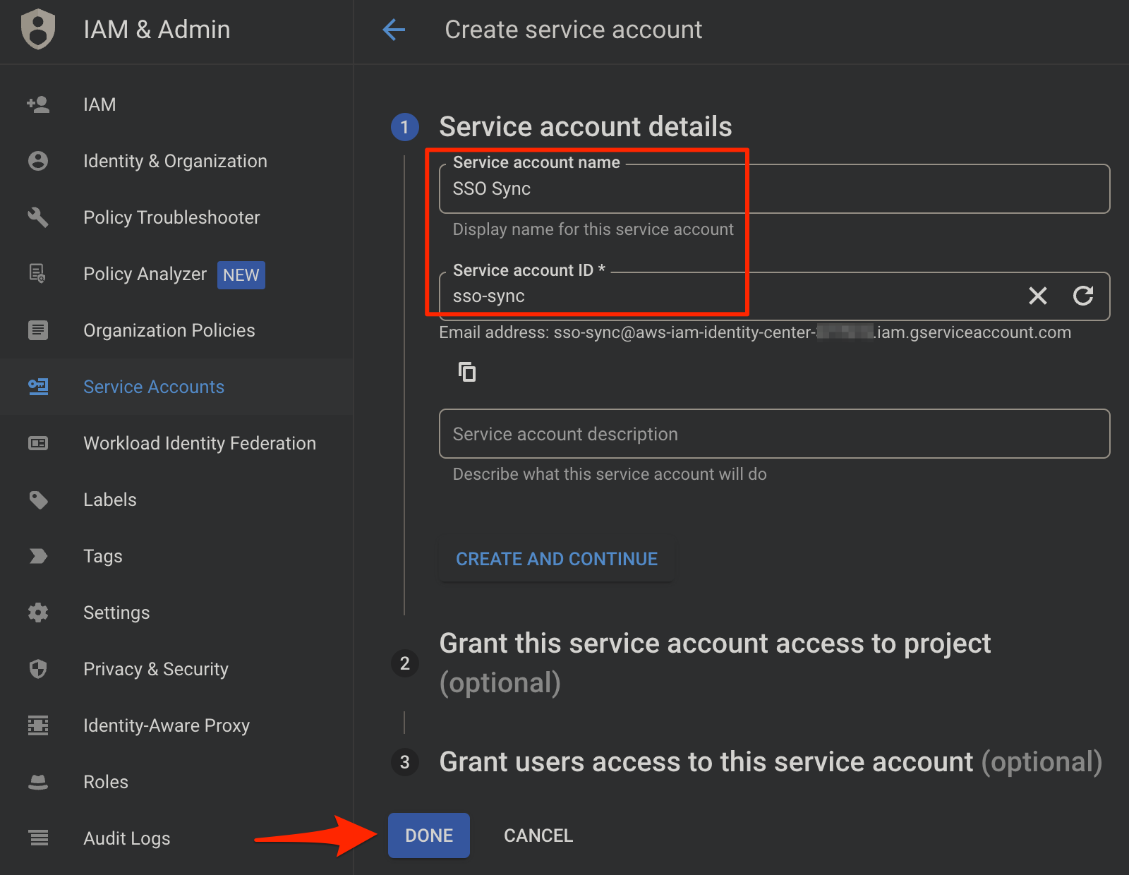Service Account Credential Details