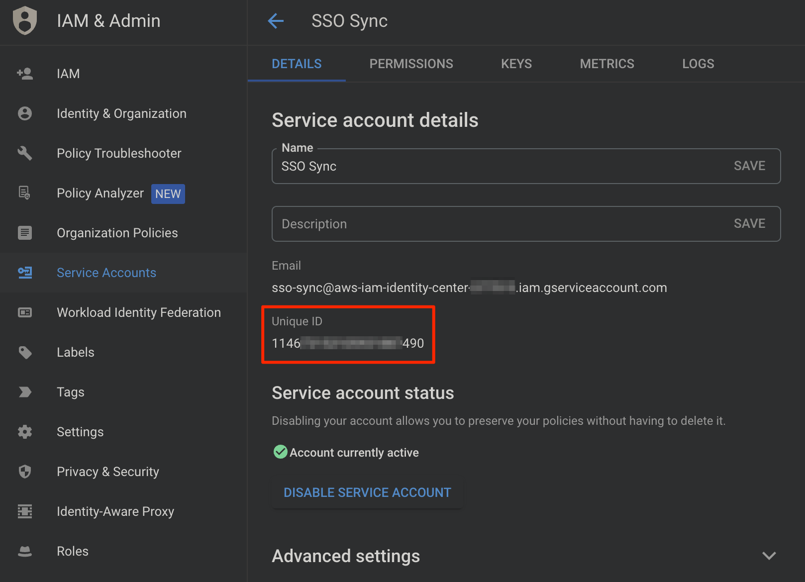 Service Account Credential Client ID