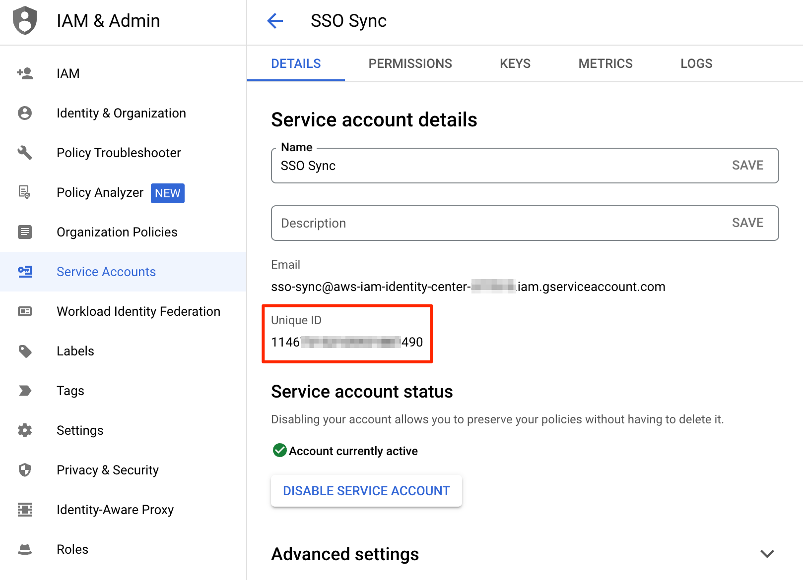 Service Account Credential Client ID