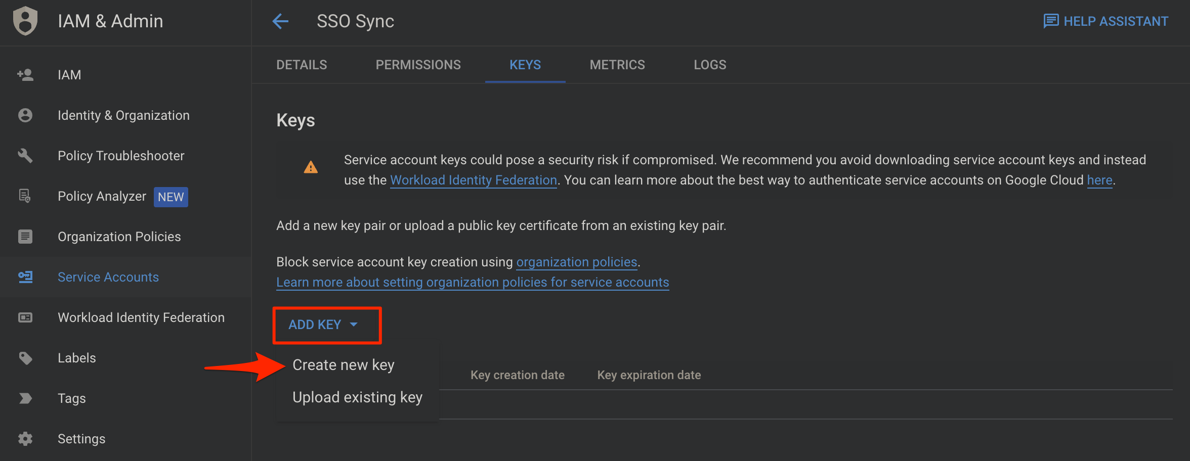 Service Account Create New Key