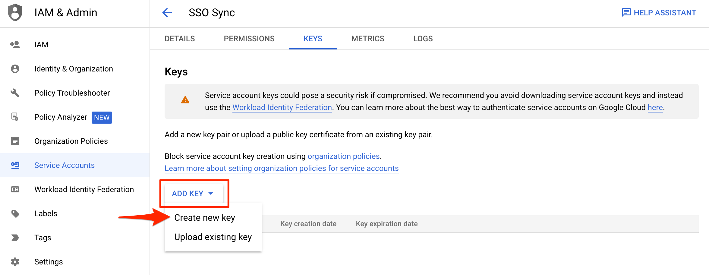 Service Account Create New Key