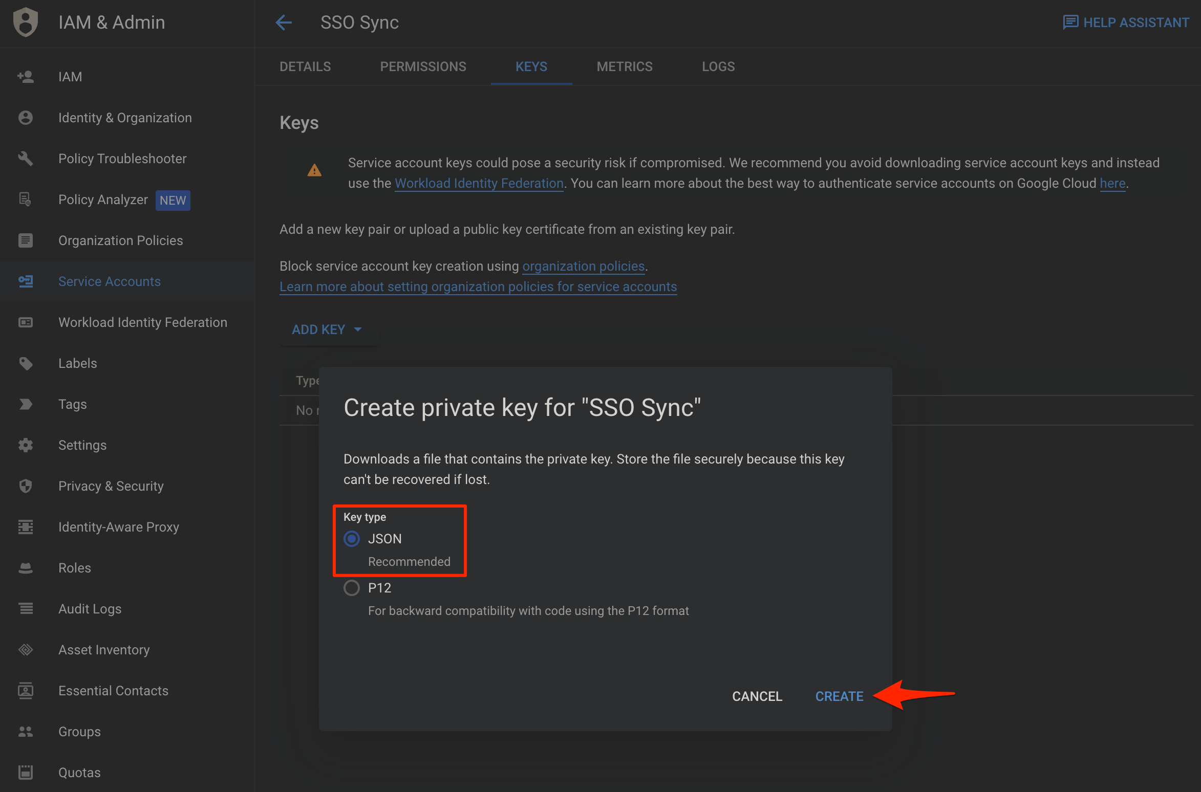 Service Account Create JSON Type Private Key