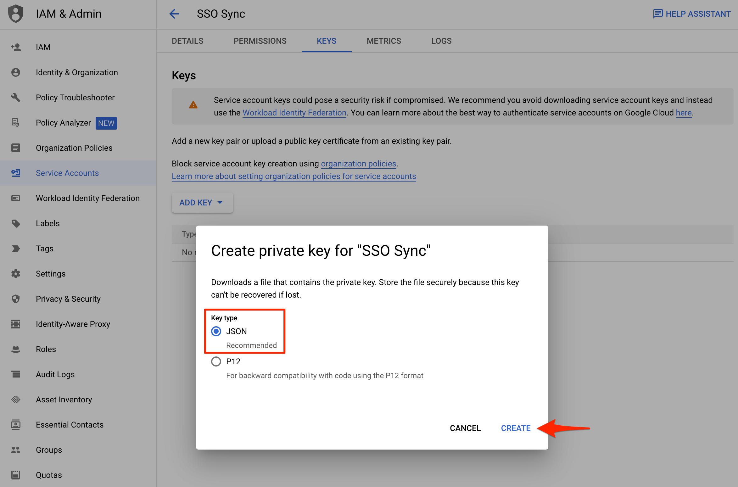 Service Account Create JSON Type Private Key