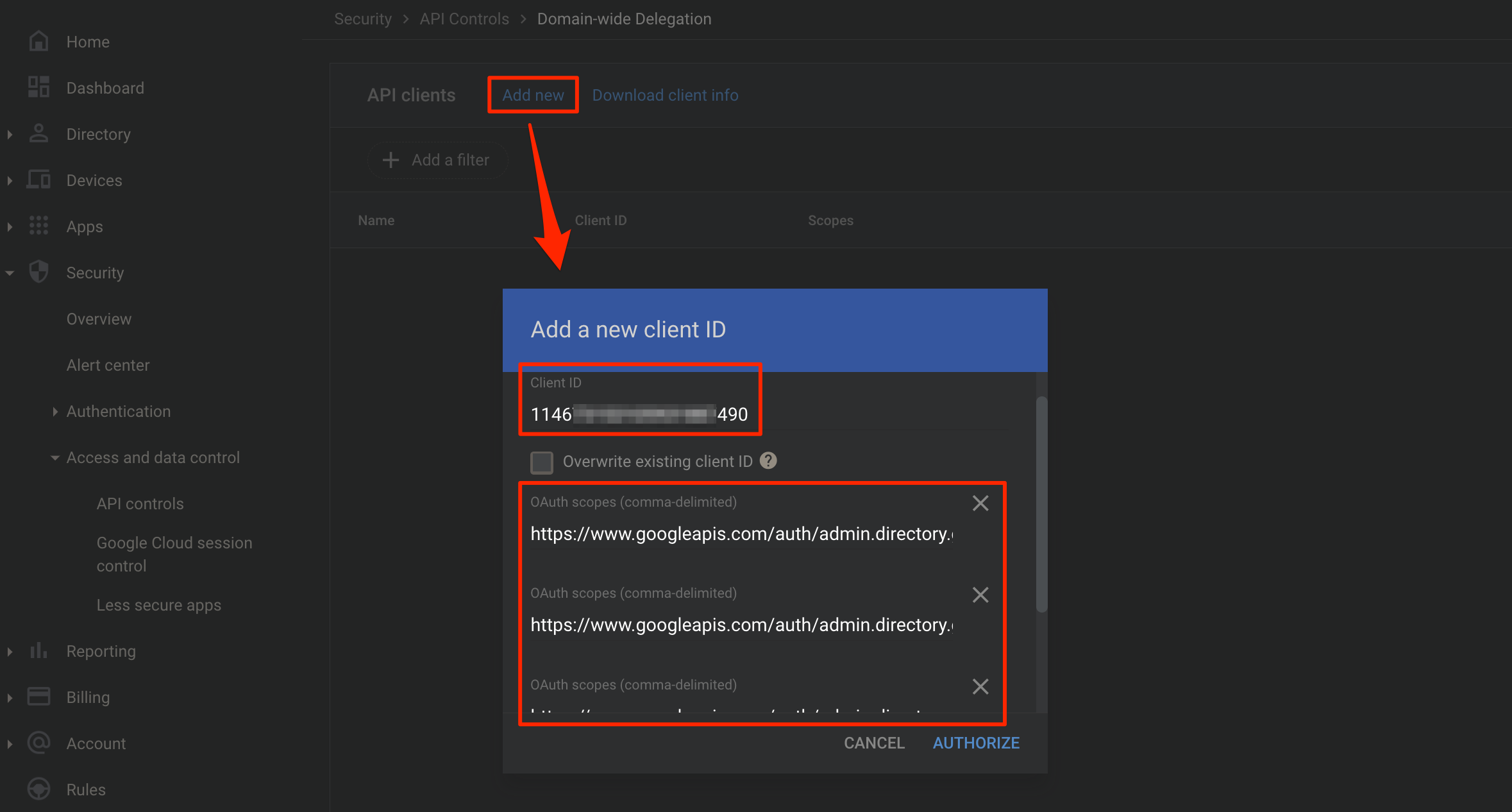 Domain wide delegation Add Client